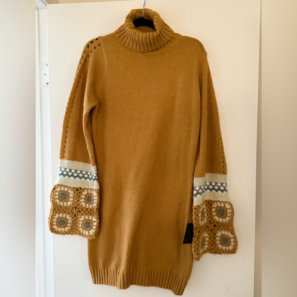 Lulu's Mustard Turtleneck Sweater with Crochet Sleeves